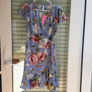 Xhilaration Blue Floral Short Sleeved Wrap Dress (Size S)